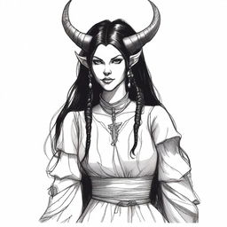 A medieval sketch of a tiefling witch with black hair, wearing medieval woman's clothing