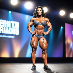 A highly muscular woman bodybuilder posing on a stage, showcasing her well-defined muscles and strength