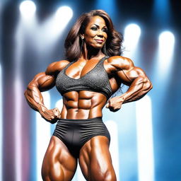 A highly muscular woman bodybuilder posing on a stage, showcasing her well-defined muscles and strength