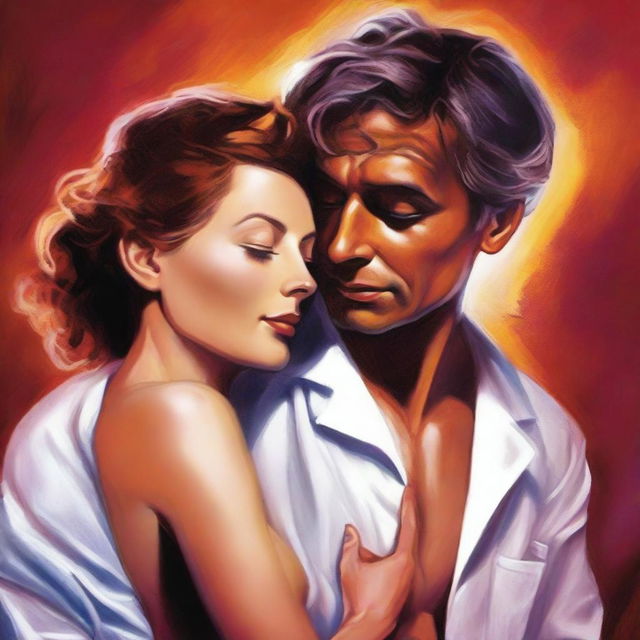 A cover for a story book about a doctor having a sexual relationship with a patient, set against a steamy and intense background