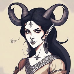 A medieval drawing of a tiefling witch with black hair, dressed in medieval woman's clothing