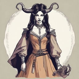 A medieval drawing of a tiefling witch with black hair, dressed in medieval woman's clothing