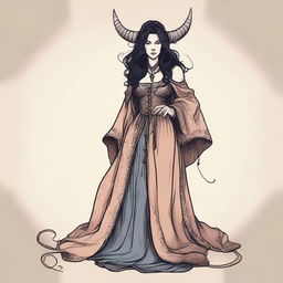 A medieval drawing of a tiefling witch with black hair, dressed in medieval woman's clothing