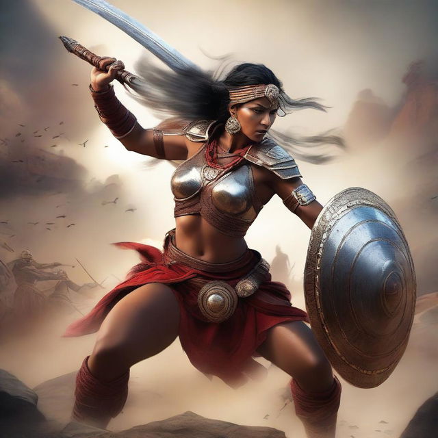 A muscular Indian woman warrior fighting in an epic battle