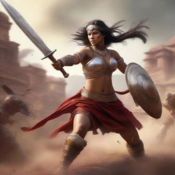 A muscular Indian woman warrior fighting in an epic battle