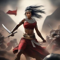 A muscular Indian woman warrior fighting in an epic battle