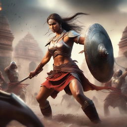 A muscular Indian woman warrior fighting in an epic battle