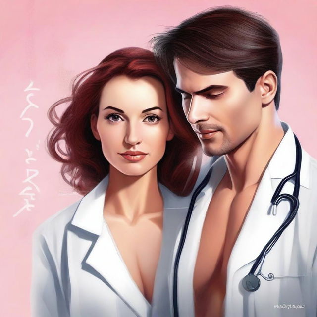 A cover for a story book about a woman doctor involved in a passionate sexual relationship with a patient in her clinic