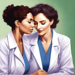 A cover for a story book about a woman doctor involved in a passionate and intimate relationship with a patient in her clinic