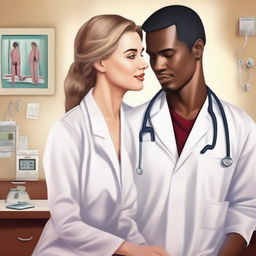 A cover for a story book about a woman doctor involved in a passionate and intimate relationship with a patient in her clinic