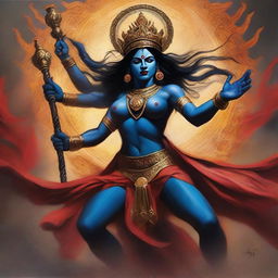 A powerful and muscular depiction of the Hindu goddess Kali engaged in an intense battle with a fierce demon