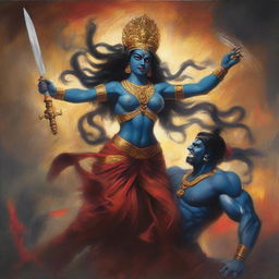 A powerful and muscular depiction of the Hindu goddess Kali engaged in an intense battle with a fierce demon