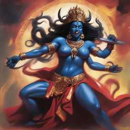 A powerful and muscular depiction of the Hindu goddess Kali engaged in an intense battle with a fierce demon