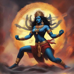 A powerful and muscular depiction of the Hindu goddess Kali engaged in an intense battle with a fierce demon