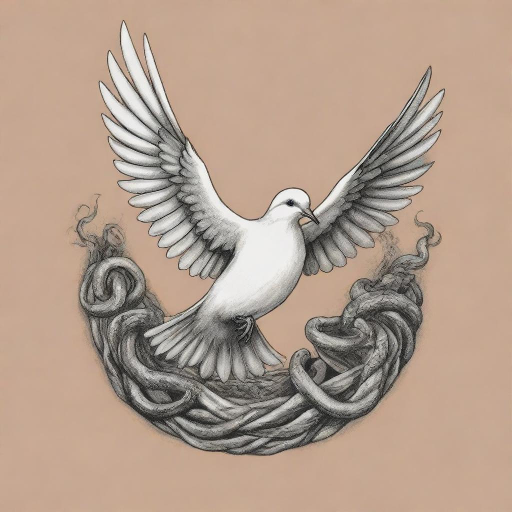 A black and white tattoo design of a dove escaping from a pit of snakes, set against a lightly colored background, intended for a t-shirt design.