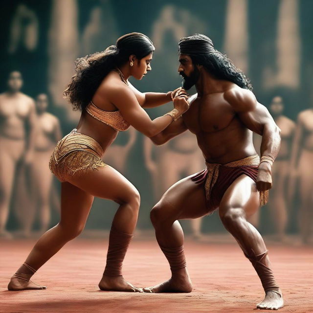 A powerful and muscular Indian warrior queen engaged in a wrestling match with a man in a ring