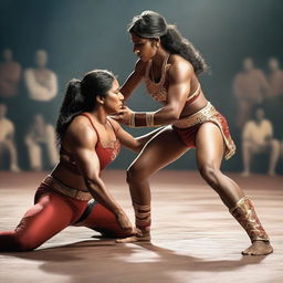 A powerful and muscular Indian warrior queen engaged in a wrestling match with a man in a ring