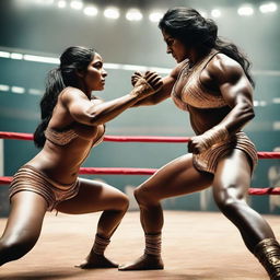 A powerful and muscular Indian warrior queen engaged in a wrestling match with a man in a ring