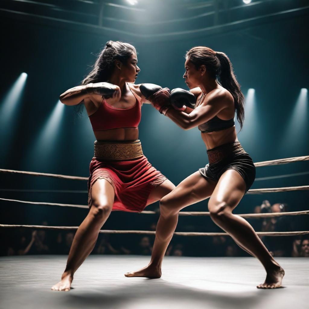 A powerful and muscular Indian warrior queen engaged in a mixed martial arts fight with a man in a ring