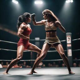 A powerful and muscular Indian warrior queen engaged in a mixed martial arts fight with a man in a ring