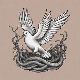 A black and white tattoo design of a dove escaping from a pit of snakes, set against a lightly colored background, intended for a t-shirt design.