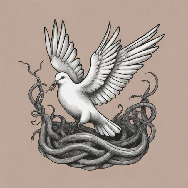 A black and white tattoo design of a dove escaping from a pit of snakes, set against a lightly colored background, intended for a t-shirt design.