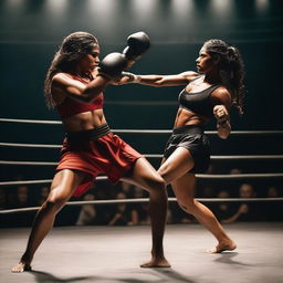 A powerful and muscular Indian warrior queen engaged in a mixed martial arts fight with a man in a ring