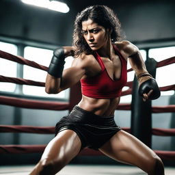 A powerful and muscular Indian warrior queen engaged in a mixed martial arts fight with a man in a ring