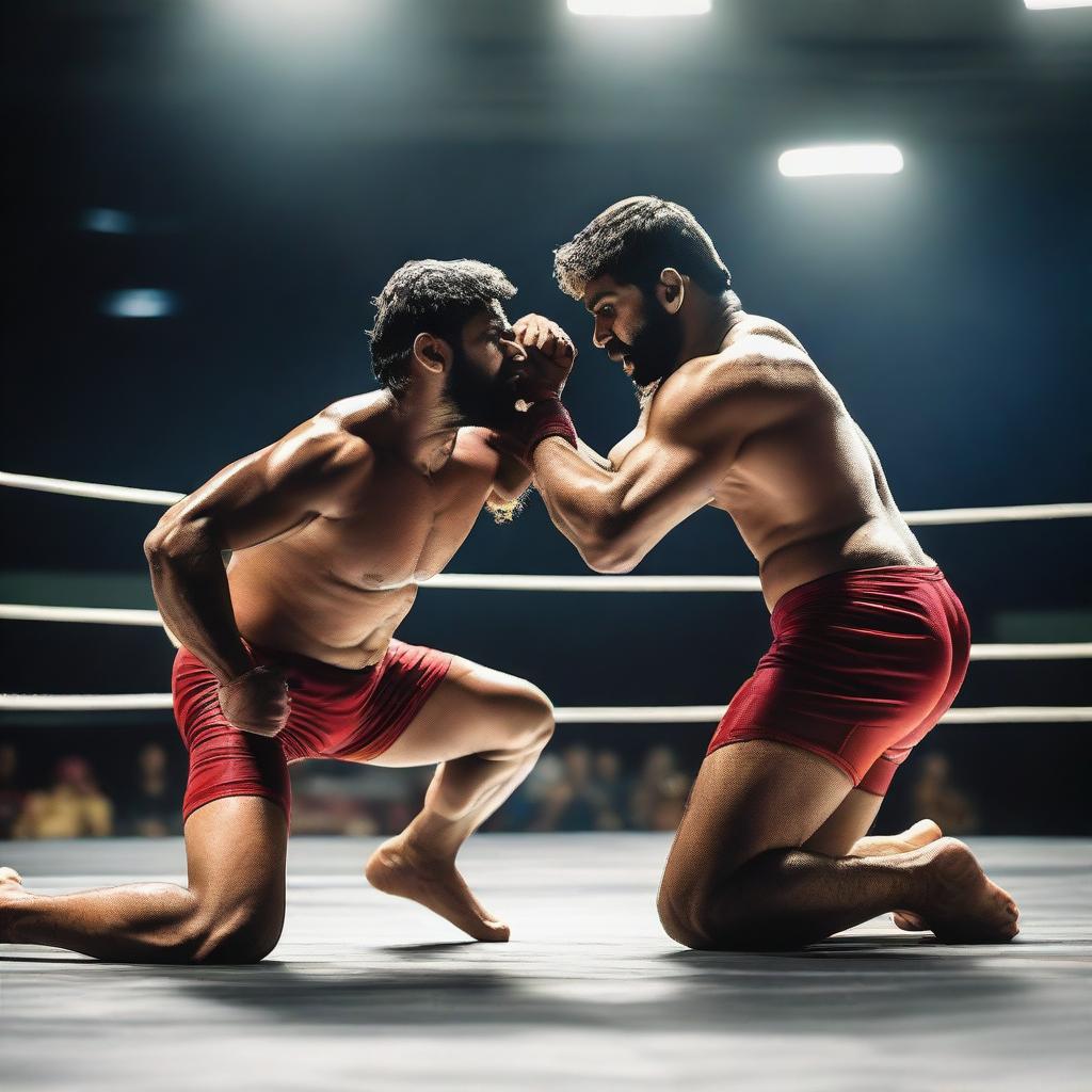 A dynamic scene of an Indian mixed wrestling match taking place in a ring