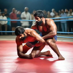 A dynamic scene of an Indian mixed wrestling match taking place in a ring