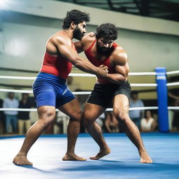 A dynamic scene of an Indian mixed wrestling match taking place in a ring