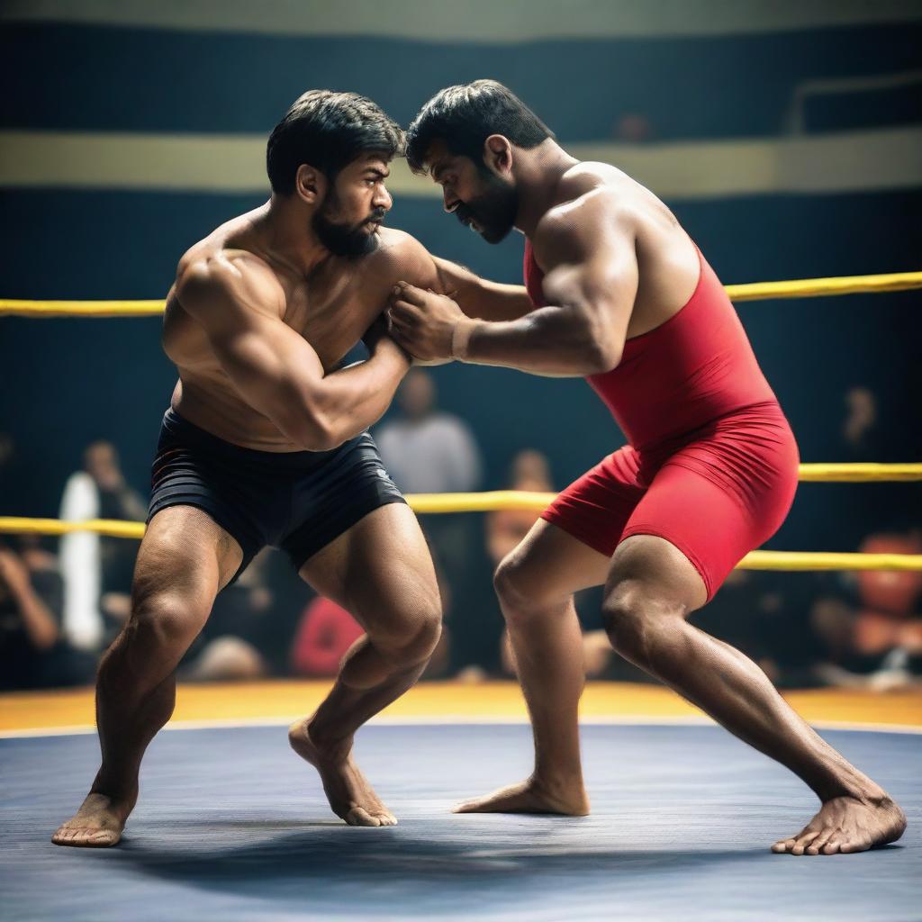 A dynamic scene of an Indian mixed wrestling match taking place in a ring