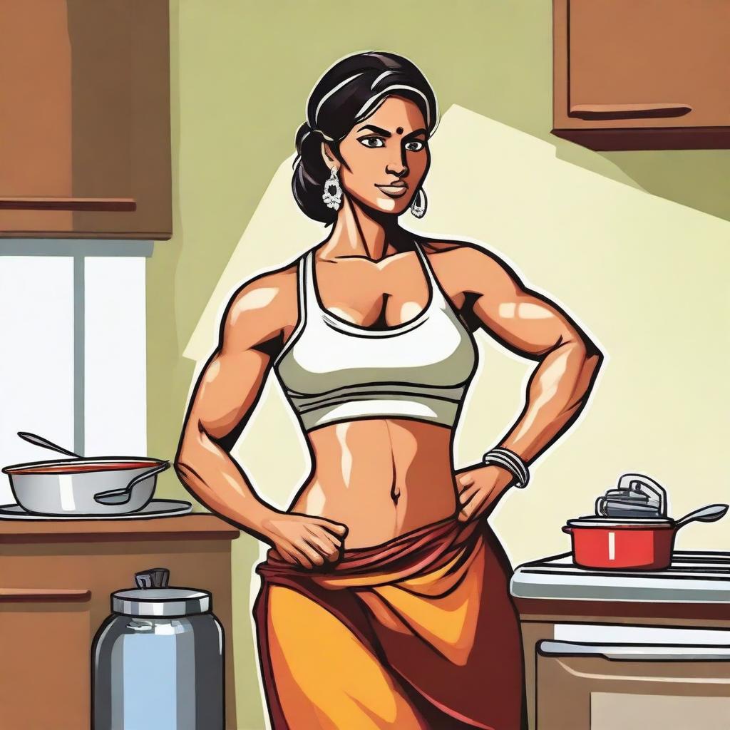 A depiction of an Indian muscular housewife, showcasing her strength and fitness