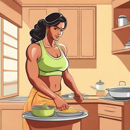 A depiction of an Indian muscular housewife, showcasing her strength and fitness