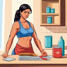 A depiction of an Indian muscular housewife, showcasing her strength and fitness