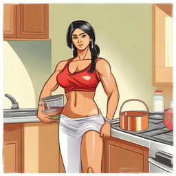 A depiction of an Indian muscular housewife, showcasing her strength and fitness