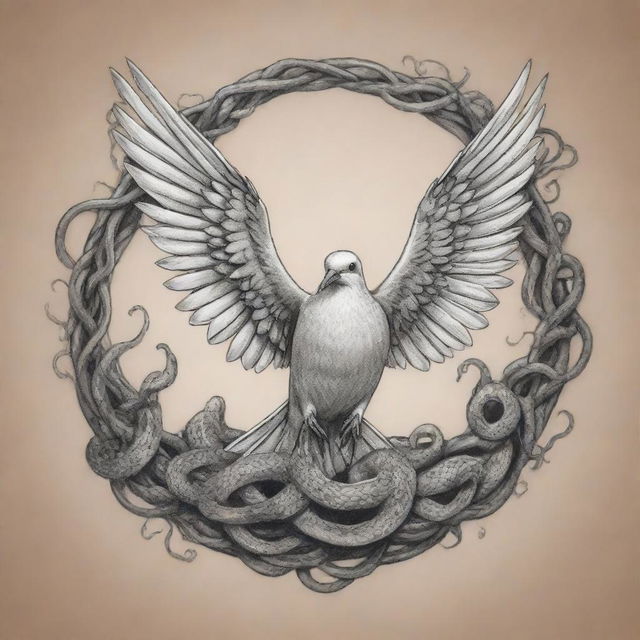 A black and white tattoo design of a dove escaping from a pit of snakes, set against a lightly colored background, intended for a t-shirt design.