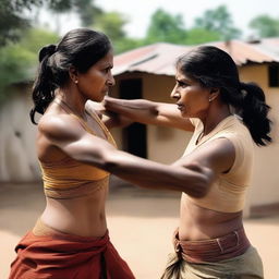 A powerful scene depicting an Indian muscular mother engaged in a fight with a man