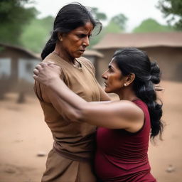 A powerful scene depicting an Indian muscular mother engaged in a fight with a man