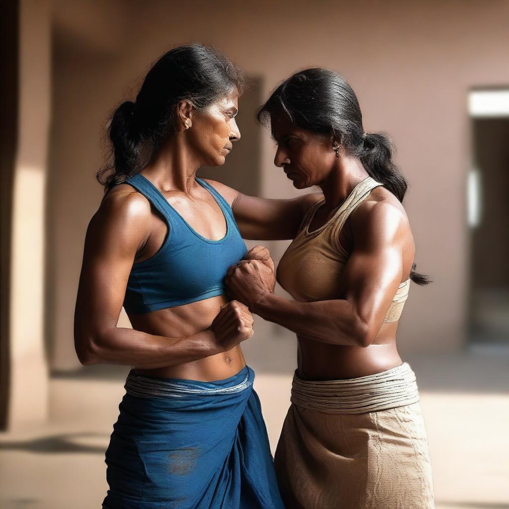 A powerful scene depicting an Indian muscular mother engaged in a fight with a man