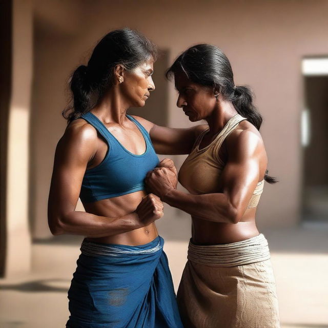 A powerful scene depicting an Indian muscular mother engaged in a fight with a man