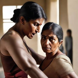 A powerful scene depicting an Indian muscular mother engaged in a fight with a man