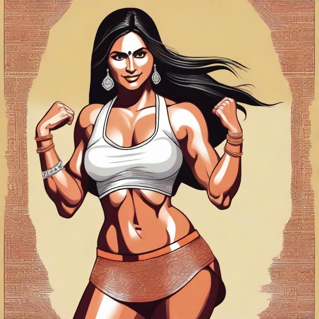 A depiction of an Indian muscular wife, showcasing her strength and fitness