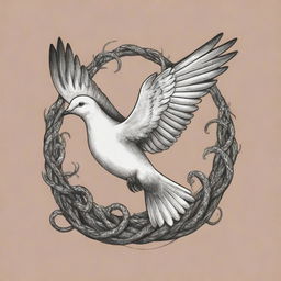 A black and white tattoo design of a dove escaping from a pit of snakes, set against a lightly colored background, intended for a t-shirt design.