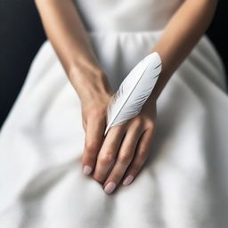 A book cover featuring a close-up of a woman's hands gently holding a white feather