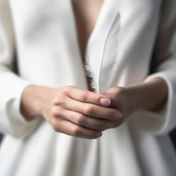 A book cover featuring a close-up of a woman's hands gently holding a white feather