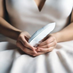 A book cover featuring a close-up of a woman's hands gently holding a white feather