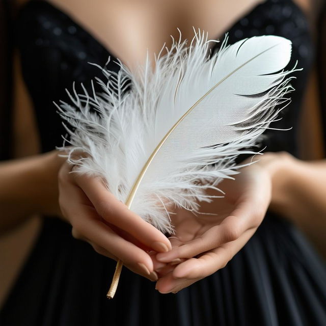 A book cover featuring a close-up of a woman's hands gently holding a white feather