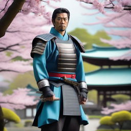 A 30-year-old Japanese commander with a long cyan katana, standing confidently in traditional samurai armor