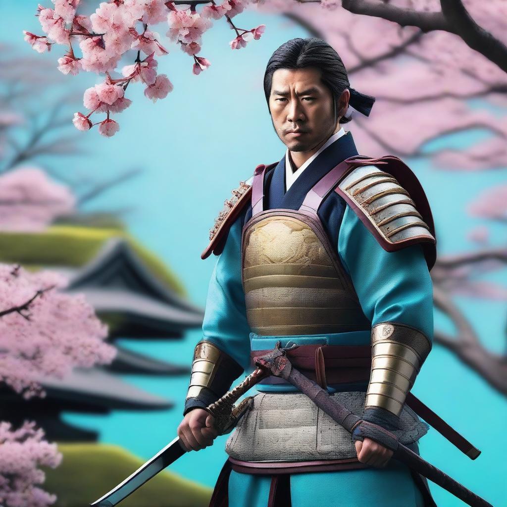 A 30-year-old Japanese commander with a long cyan katana, standing confidently in traditional samurai armor